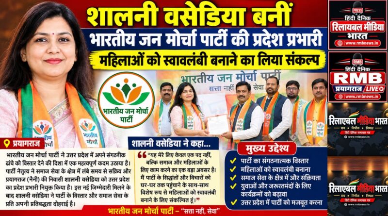 Shalini Vasedia appointed State In-charge of the Bharatiya Jan Morcha Party.